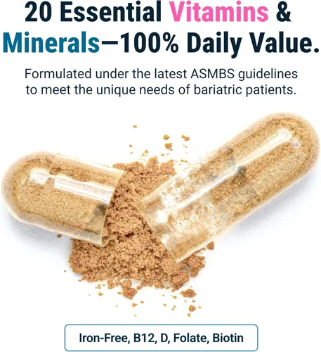 Vista 4 de BariatricPal Multivitamínico UNO 1 por día! Cápsula multivitamínica bariátrica sin hierro Cápsula fácil de tragar Vitamina para pacientes
