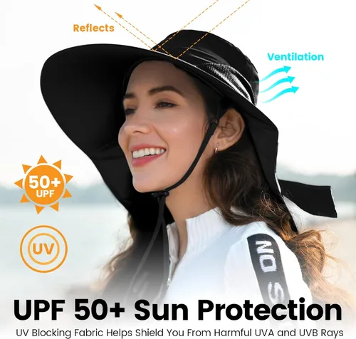 Vista 3 de Toppers Sombrero de sol enrollable UPF 50+ para hombre y mujer, sombrero de jardinería de ala ancha con solapa para el cuello