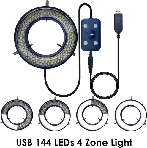 Vista 2 de Iluminación de anillo LED de luz de microscopio, USB 144 LED con 4 zonas de iluminación ajustables para la industria digital monocular binocular