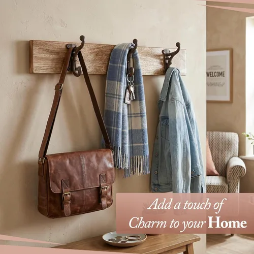 Vista 5 de Ganchos rústicos de hierro fundido (paquete de 3) color marrón oscuro rústico, para montar en la pared, decoración de granja, ganchos de pared