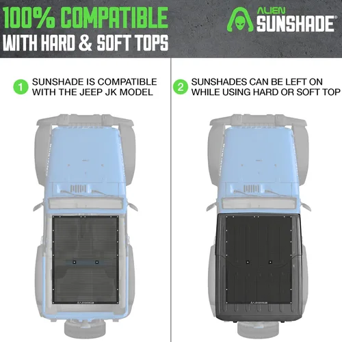 Vista 4 de Alien Sunshade Jeep Wrangler JK Negro (2007-2018) Parasol de Malla de Longitud Completa para JK de 2 Puertas - Bloquea UV, Regalos de Jeep, Viento