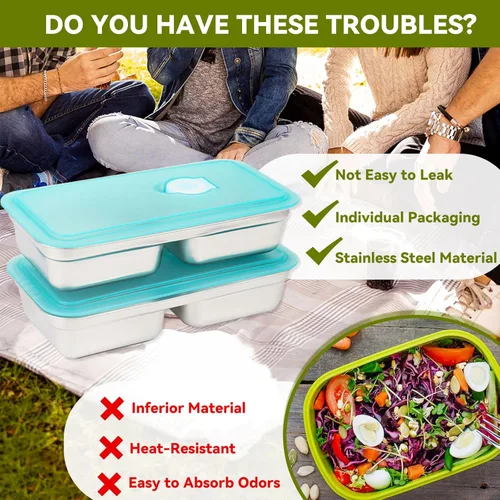 Vista 6 de 2 recipientes de acero inoxidable con tapas, reutilizables, de doble compartimento, para almuerzo y condimentos, para preparación de comidas