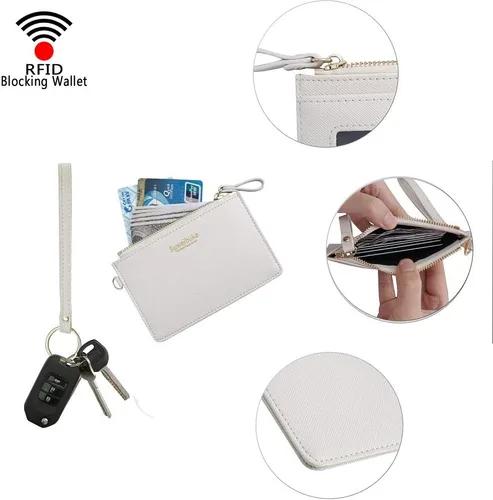 Vista 5 de Aiyo Nice Funda delgada para tarjetas RFID para mujer, cartera con cremallera, cartera de piel pequeña, monedero con llavero