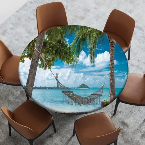 Vista 19 de Cubierta redonda con diseño de playa, borde elástico, picnic al aire libre, patio, fiesta o comedor interior, decoración de mesas de comedor, azul