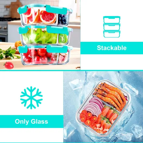 Vista 5 de VERONES Paquete de 5 recipientes de vidrio para preparación de comidas, juego de 2 compartimentos, recipientes herméticos de vidrio para almuerzo