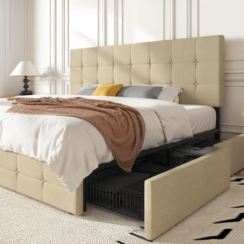 Vista 60 de HOOMIC Base de cama de almacenamiento de plataforma de tamaño matrimonial con 4 cajones y cabecera ajustable, listones de madera, no necesita