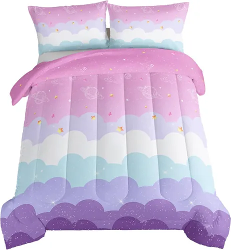 Vista 13 de HOSIMA Ropa de cama de caballo para niñas, juego de edredón con estampado de flores de cerezo rosa tamaño completo para adolescentes con 2 fundas