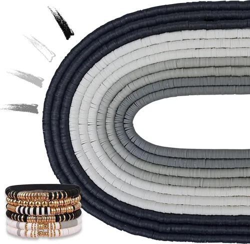 Vista 21 de 3600 cuentas de arcilla roja, blanca y azul, 10 hebras, para la fabricación de joyas, dijes de arcilla, cuentas de vinilo Heishi de 0.236 pulgadas