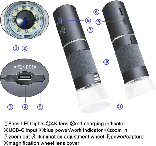Vista 5 de Jiusion Microscopio de mano digital USB WiFi con funda, endoscopio de aumento inalámbrico de 50 a 1000x, cámara 4K 3840x2160P, 8 LED con soporte