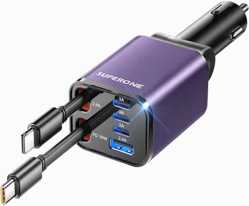 Vista 12 de SUPERONE - Cargador retráctil para automóvil, 99 W, con cables, carga rápida, adaptador USB C para iPhone 17, 16, 15, 14, 13, 12, Samsung, negro