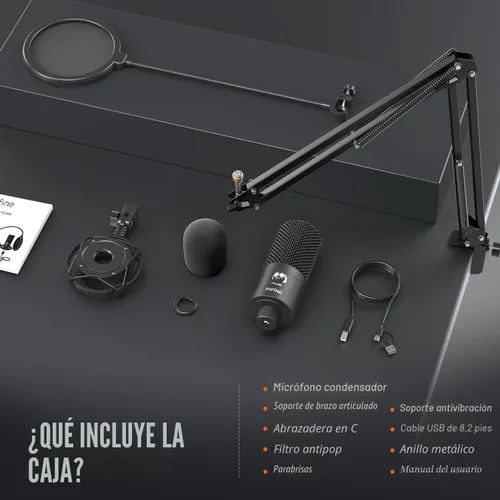 Vista 9 de FIFINE Micrófono USB de condensador de estudio, kit de micrófono para computadora con brazo de brazo ajustable, soporte de choque para instrumentos