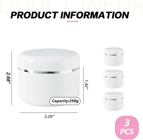 Vista 8 de 3 tarros de plástico blanco de 8 onzas (8.5 fl oz), recipientes de loción, tarros de crema con revestimientos interiores extraíbles y tapas