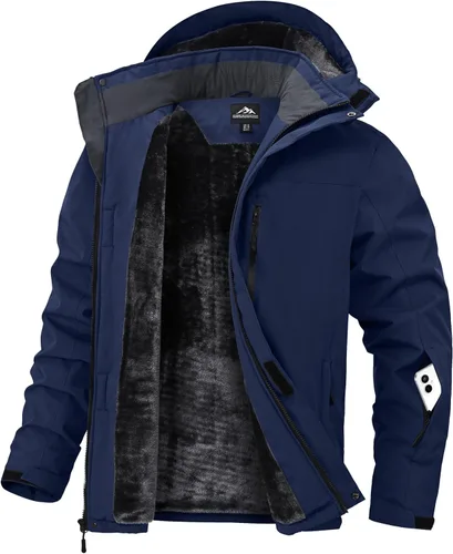 Vista 11 de Chaqueta de esquí para hombre, impermeable, con forro de vellón, abrigo de nieve cálido, cortavientos, con capucha, para el invierno