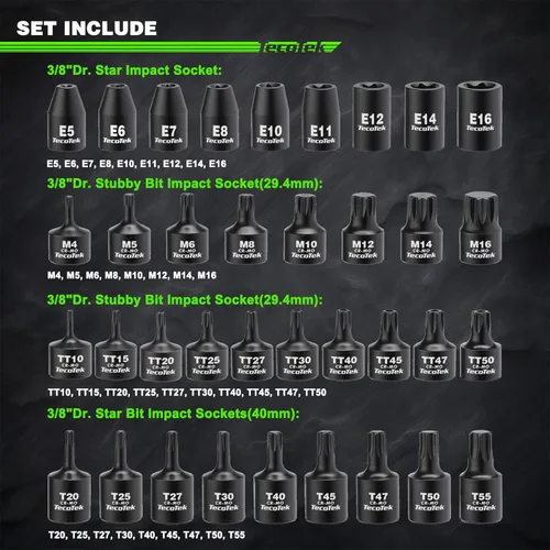 Vista 3 de TecoTek Juego de 84 piezas de 3/8 pulgadas Drive Master Hex Bit Impact Socket Set, Impact Allen Bit Socket Set, Star Bits, Stubby Bits, estrella a