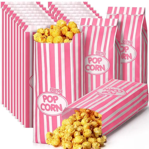 Vista 13 de Sherr 1000 bolsas de palomitas de maíz de 2 onzas a granel, rayas retro rosadas, bolsas de palomitas desechables para noches de cine, Navidad