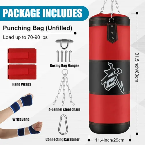 Vista 2 de Leyndo Bolsa de boxeo pesada sin relleno de 2.6 pies con cadenas y gancho de techo, saco de boxeo para boxeo, kickboxing, muay thai, karate, artes