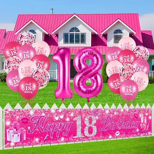 Vista 25 de Sweet 16 Pink Birthday Decorations - 20 Pcs Balloons, 40 Inch Number 16, Happy Sweet 16 Banner