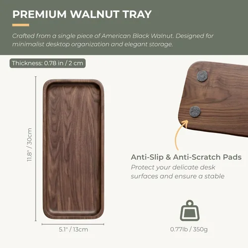 Vista 5 de Bandeja de Servicio Muso Nogal - Bandeja Rectangular Pequeña de Madera Maciza para Baño, Cena, Té, Café (29.97 cm x 12.7 cm)