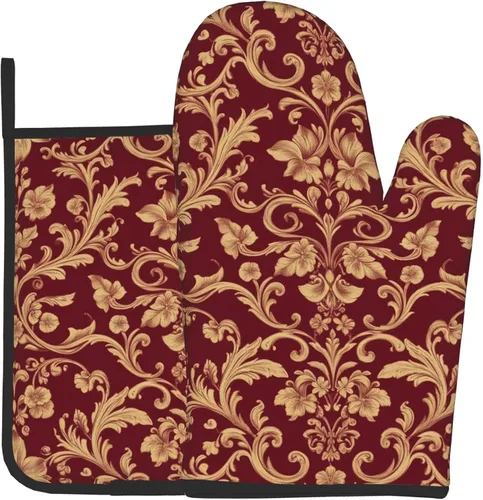 Juego de manoplas de horno y soportes para ollas con diseño floral dorado granate y color burdeos antiguos antideslizantes para cocina, cocina,