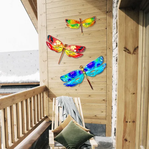 Vista 7 de John's Studio Decoración de pared de libélula de metal para colgar en el jardín, esculturas de cristal, decoración temática de insectos para sala