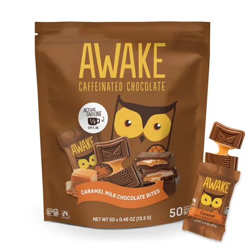 Vista 10 de AWAKE - Bocaditos de chocolate con cafeína - Chocolate oscuro, 50 bocaditos - 50mg de cafeína - Bocaditos energéticos envueltos individualmente