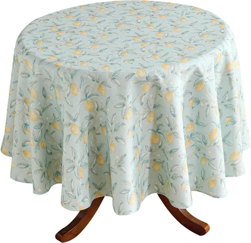 patdrea - Mantel de lino verde de diseñador para mesas redondas, mantel vintage con patrón amarillo de frutas, mantel decorativo, rústico y de campo