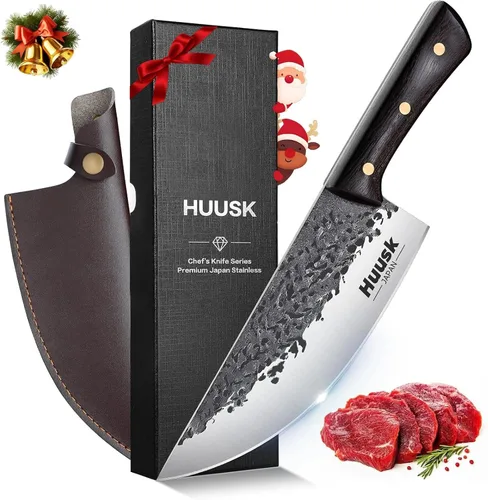 Huusk Cuchillo de carnicero para cortar carne con funda Marrón