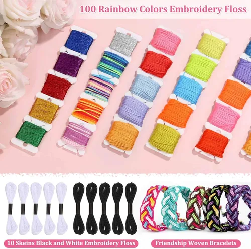 Vista 3 de Kit de fabricación de pulseras de 985 piezas de PAXCOO, juego de hilo para pulseras de la amistad con 110 madejas de hilo para bordado, hilo