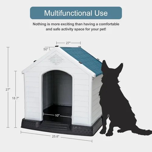 Vista 5 de Casa Grande de Plástico para Perros, Caseta para Perros Exterior Impermeable Doghouse Casas para Perros, Refugio para Cachorros Piso Elevado