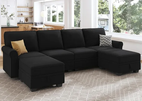 Vista 5 de HONBAY - Sofá seccional con asiento de almacenamiento de terciopelo, en forma de U, con tumbona reversible, sofá seccional convertible para sala