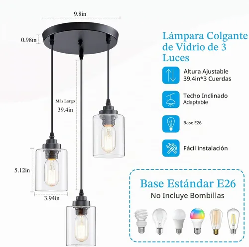 Vista 3 de SKEJAO - Lámpara colgante de 3 luces para isla de cocina Negro mate