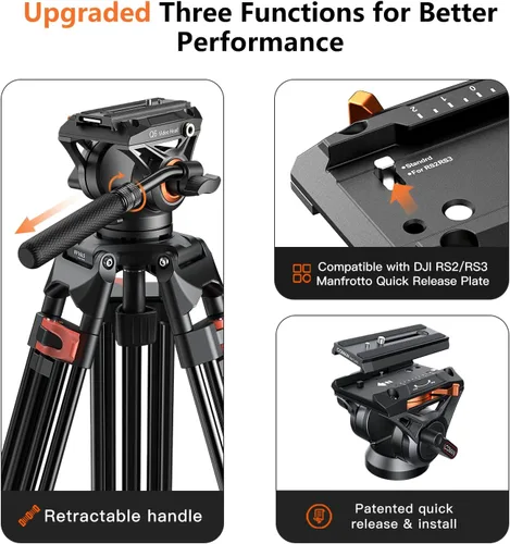 Vista 4 de Trípode de cámara COMAN de 74", trípode de vídeo de servicio pesado para cámara con cabeza fluida y aleación de aluminio, carga máxima de 22.04