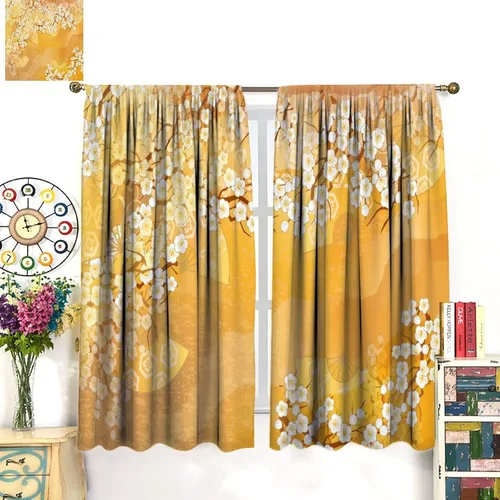 Vista 2 de Cortinas de ramas de cerezo, patrón de escena de flor de cerezo japonés, cortinas opacas para dormitorio, sala de estar, 2 juegos de paneles, 52 x