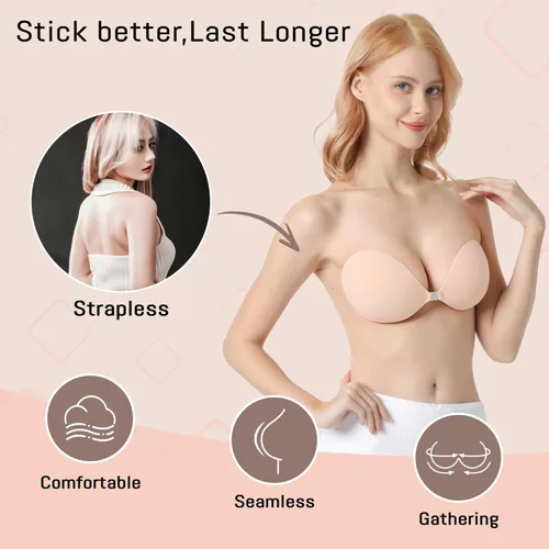 Vista 2 de Sticky Push Up Strapless Bras for Women,Ultra Adhesive Bra for Backless Dress,Invisible Silicon Bra with Nipple Cover