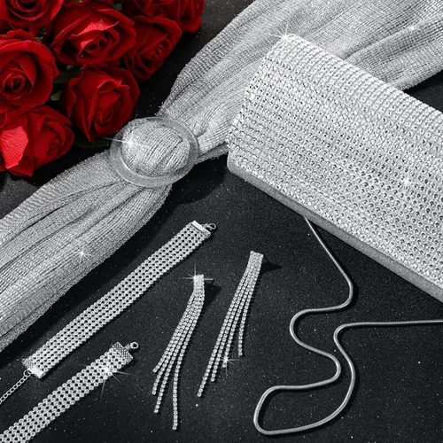 Vista 4 de Hicarer 5 Pcs Women Accessories Including Shawls and Wraps, Evening Bag Clutch Purses, Rhinestone Jewelry Sets for Wedding Bridal