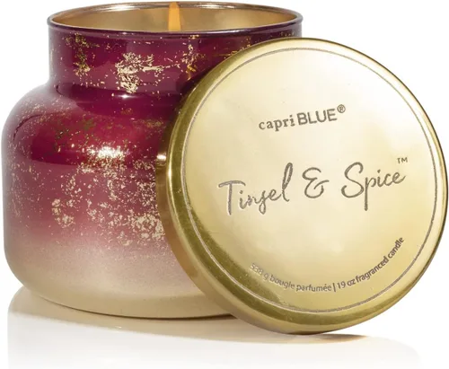 Vista 19 de Capri Blue Glimmer Mini Tin - Vela perfumada a manzana con mini portavelas, mezcla de cera de soja, Capri Blue Apple Cider Social Red and Gold