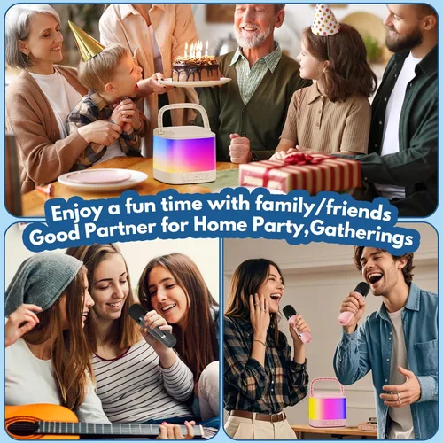 Vista 7 de HWWR Mini máquina de karaoke para niños, altavoz portátil de karaoke Bluetooth con 2 micrófonos inalámbricos y soporte para teléfono, regalos