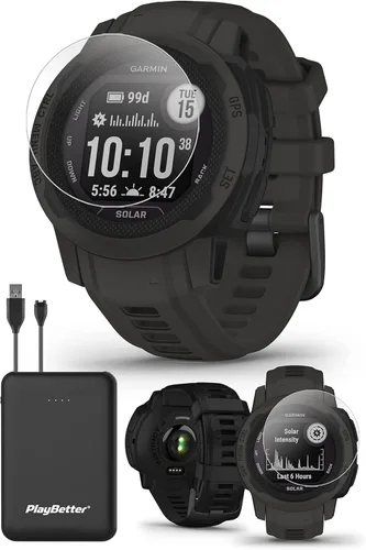 Vista 2 de Garmin Instinct 2S Solar (grafito) - Paquete de reloj inteligente con GPS resistente, reloj para exteriores con múltiples GNSS, brújula, frecuencia