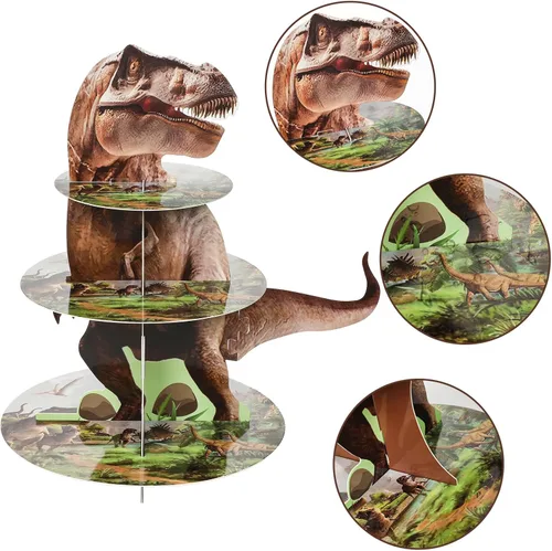 Vista 4 de ZOIIWA Soporte de cupcakes con temática de dinosaurio para decoración de fiesta de cumpleaños de dinosaurio, 24 decoraciones de cupcakes, 3 niveles