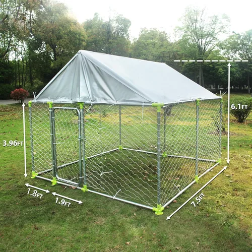 Vista 3 de Perrera grande para perros al aire libre, resistente con techo resistente a los rayos UV, cadena galvanizada con bloqueo seguro