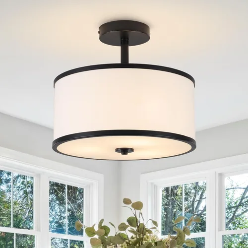 Vista 15 de BUXVRCS Lámpara de techo semiempotrada, lámpara de tambor única de 3 luces con pantalla de tela, accesorios de iluminación de cocina montaje