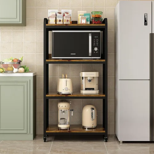Vista 8 de Estante de cocina de 4 niveles con ruedas giratorias, soporte para carrito de horno de microondas, unidad de almacenamiento ajustable, estante