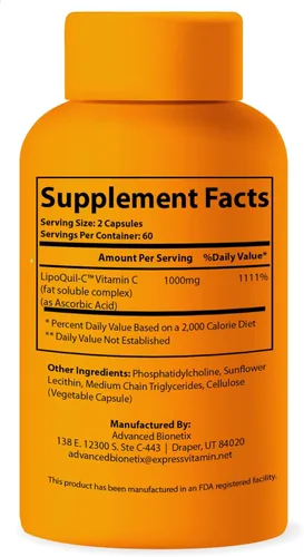 Vista 7 de Advanced Bionetix Suplemento de vitamina C liposomal Tecnología de absorción mejorada LipoQuil-C 120 cápsulas 1000 mg de alta dosis soluble