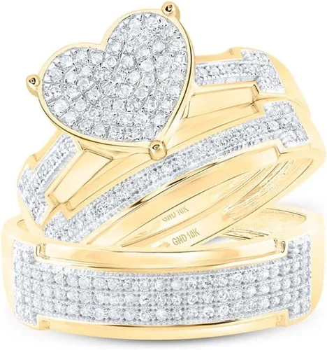Jewels By Lux Juego de boda a juego de corazón de diamante redondo de oro amarillo de 10 quilates para él y ella, 1/2 quilates, talla de mujer 5-9,