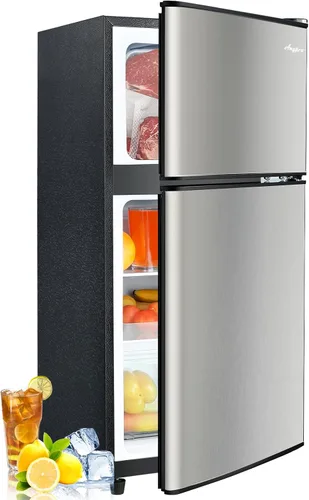 Vista 10 de Refrigerador de 3.2 pies cúbicos con congelador con 2 puertas, refrigerador con 7 niveles de temperatura, luz LED, estantes ajustables