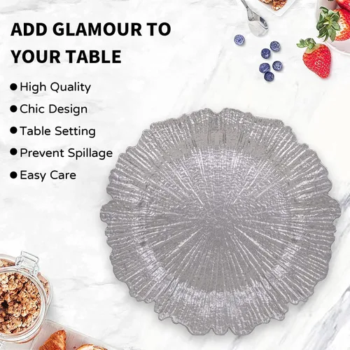 Vista 4 de MAONAME Juego de 12 platos de carga plateados, cargadores de platos de arrecife para plato de cena, platos decorativos de plástico para mesa