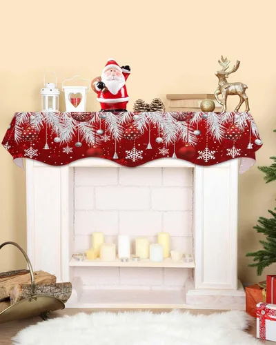 Vista 2 de Bufanda roja de Navidad para chimenea, decoraciones para repisa de chimenea, bolas de Navidad, copo de nieve, hojas de pino plateadas, cubierta