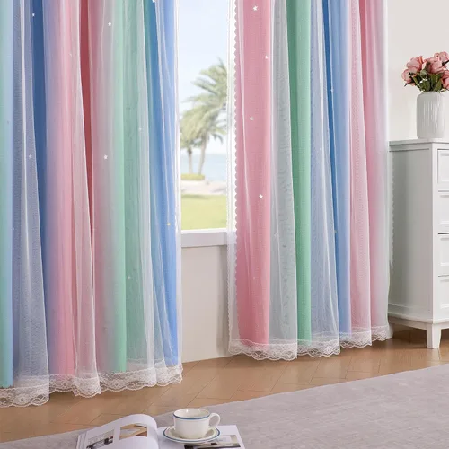 Vista 106 de XiDi Cortinas rosas y grises para dormitorio de niñas, calcomanías de pared de unicornio, cortina verde, cortinas de oscurecimiento de habitación