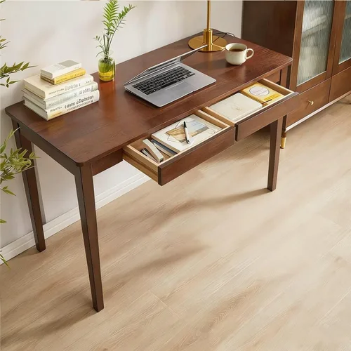 Escritorio de madera maciza, escritorio de madera maciza de 47 pulgadas con cajones, computadora pequeña moderna de roble de mediados de siglo para