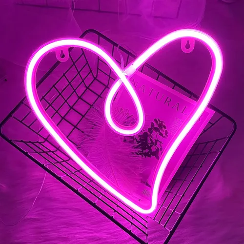 Vista 2 de ENUOLI Letreros de neón de corazón de amor, luz de pared para dormitorio, luces de neón rosas que funcionan con baterías/USB, lámpara retro para San